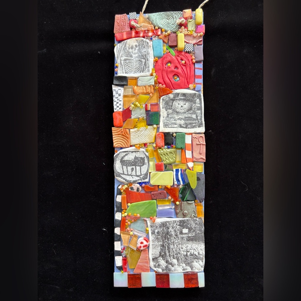 Handmade Mosaic  Halloween Time2 “Polymer Clay & Glass Original Art  Wood 12”x4”